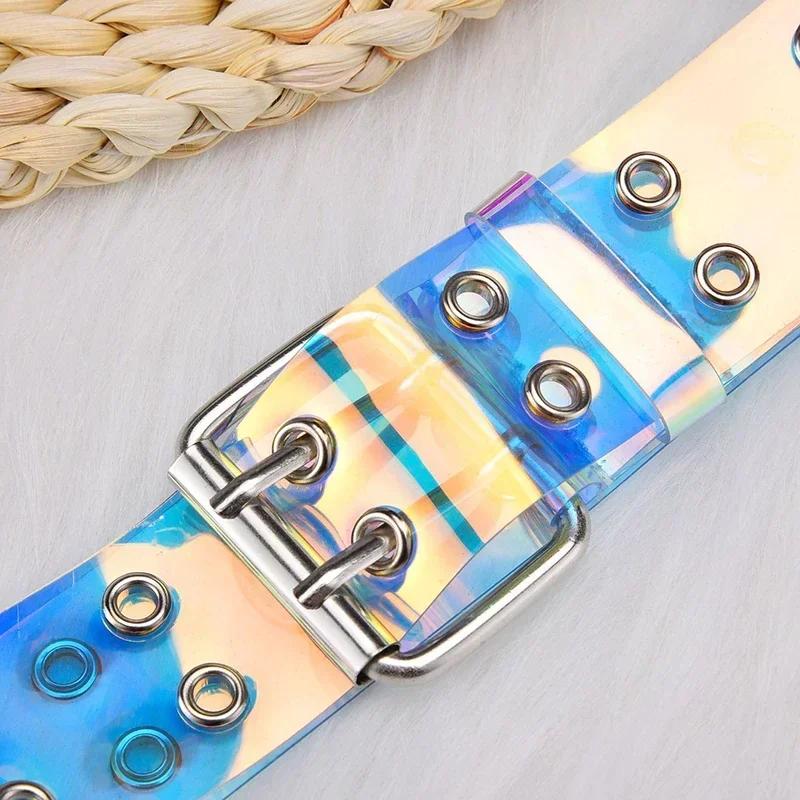 Summer Waistband Transparent Two Row PVC Belt Laser Square Pin Buckle Multi Hole Belts Accessories for Women Creative Gifts