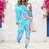Women Plus Size Printed Turquoise Blue Round Neck Long Sleeve Top Cuffed Pants Two Piece Set With Pockets