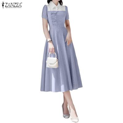 Women Casual Splice Turn Down Collar Short Sleeve Stripe Dress