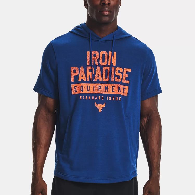 Under Armour Project Rock Print Short Sleeve Hoodie Men Tops Phantom-Blue 1378018-471