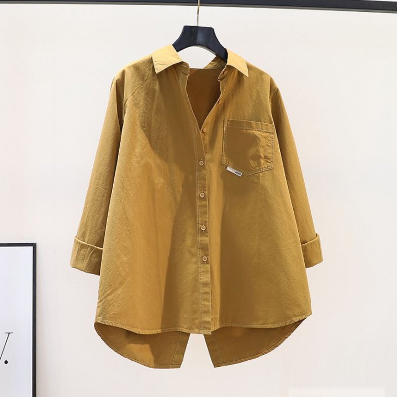 Camicia da Donna Primavera Colore Unico Larga Lunghezza Media Design Spacco Posteriore Collo a Revers Top Casual