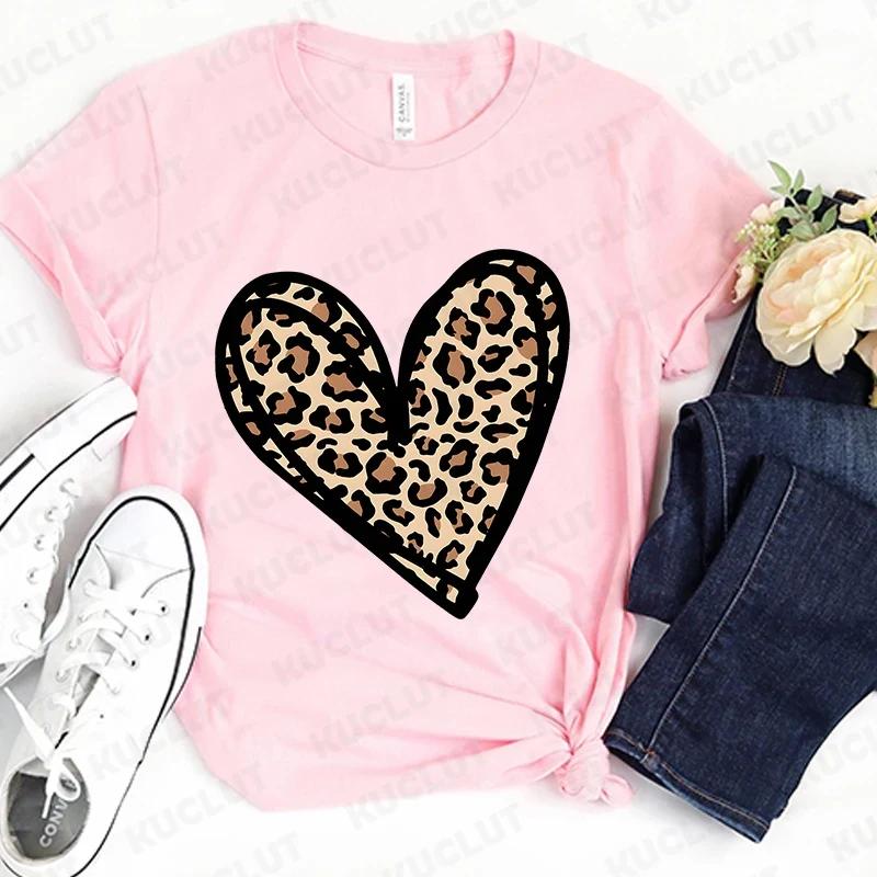 Fashion Unisex Tshirts Leopard Love Heart Print Tops Short Sleeve Clothing Ladies Harajuku Valentines Day Female Clothing