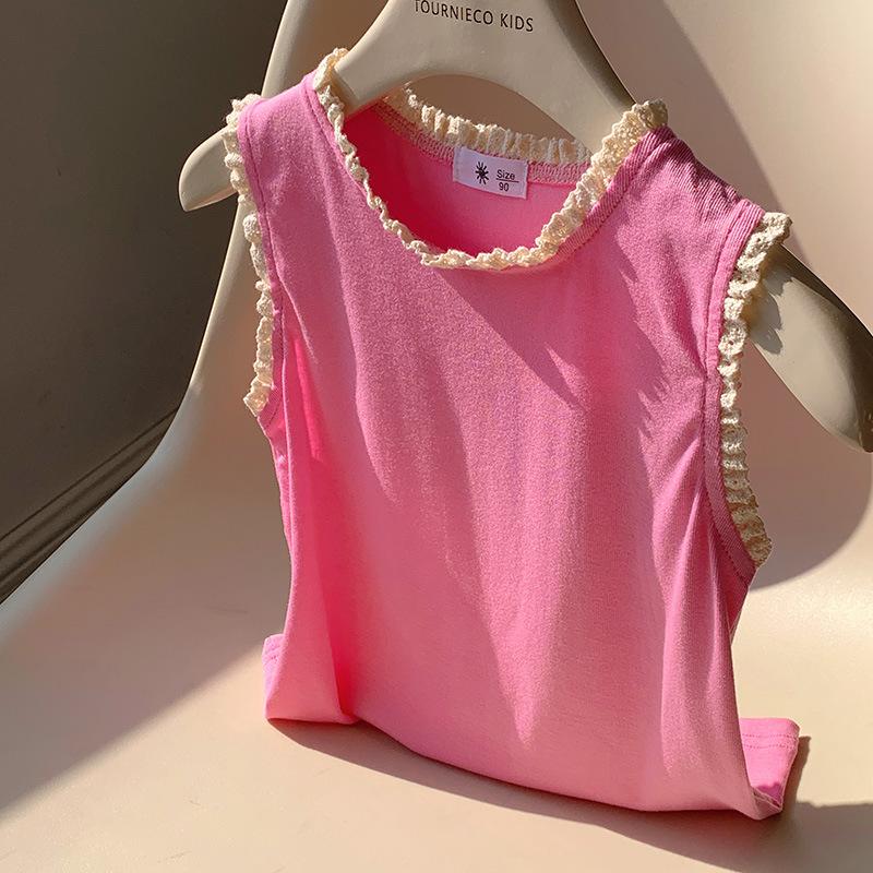 Summer Girls Soft Stretchy Sleeveless Vest T Shirt Cute Ruffle Trim Toddler Top Fashionable Kids Clothing 90cm розовый