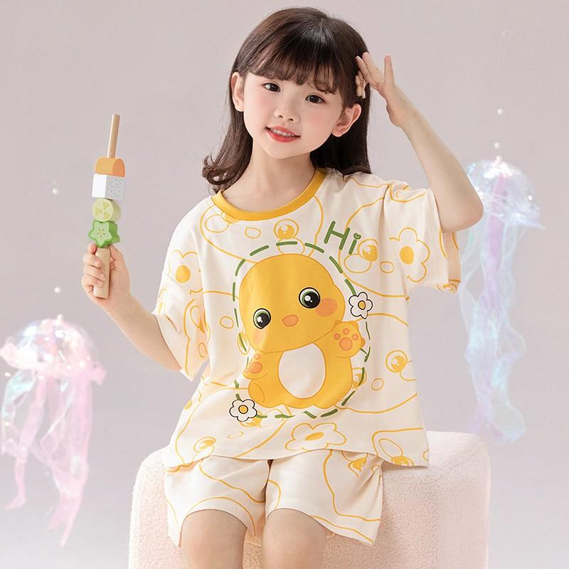Cotton Short Sleeve Pajama Set Girls Cartoon Print Loose Sleepwear Home Outfit 2025