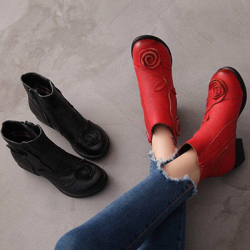 Autumn Winter Flower Women Boots Side Zipper Thick Heel Boots Shoes Woman Ankle Martin Boots
