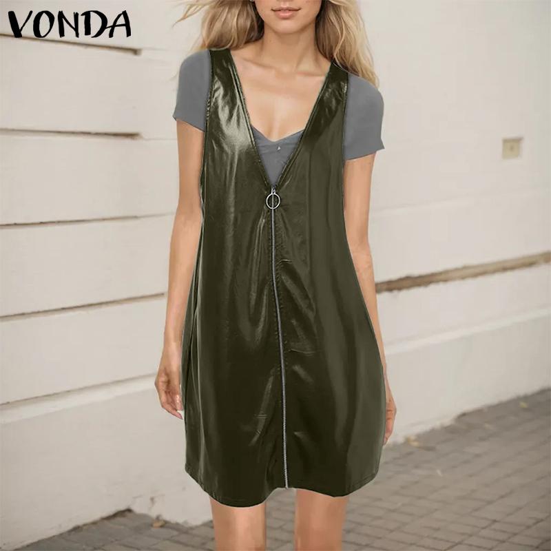 VONDA Damenmode PU-Leder einfarbig Reißverschluss Hosenträgerröcke