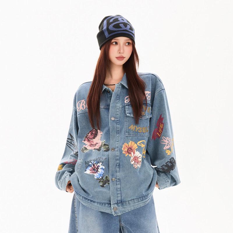 Unisex Retro Floral Print Loose Fit Denim Jacket