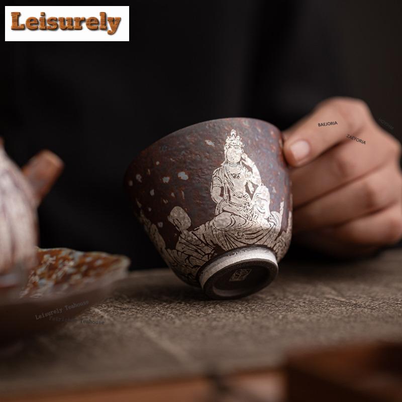 111ml Old Rock Mud Gilt Silver Dunhuang Teacup Ancient Tea Bowl Cute Cup Tea-tasting Meditation Cup Jianzhan Master Cups Cafes