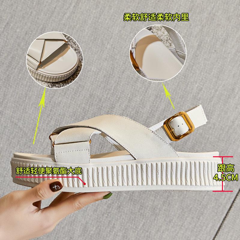 2025 summer new buckle platform women's sandals casual high heels flat leather women's shoes biscuits versatile women's tide