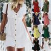 JPNTKY Moda Verano Primavera Color Sólido Estampado Manga Corta Cuello en V Vestidos Casuales