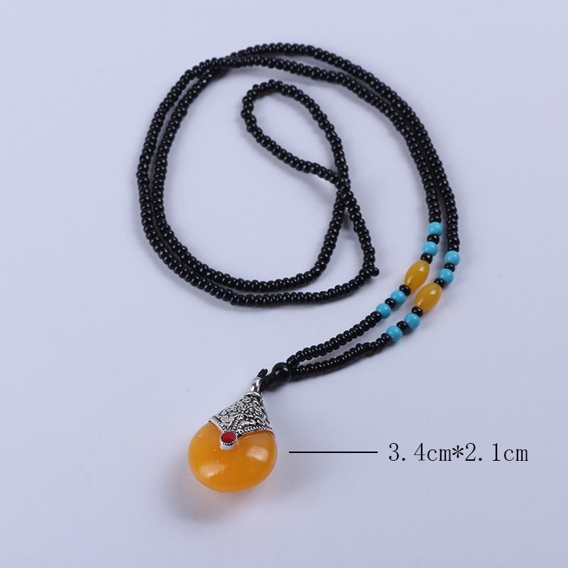 Ethnic Beaded Sweater Chain with Amber Pendant - Bingbing Style Necklace