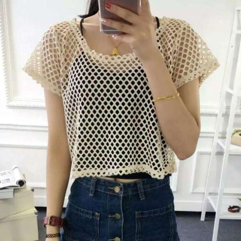 

Summer New Short Scoop High Waist Women s Lace Shirt Mesh Hollow out Breathable Fresh Casual Holiday Blouse Apricot color 6XL