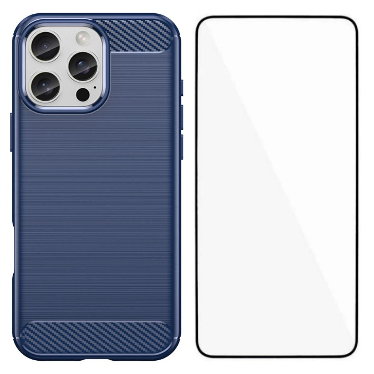 

For iPhone 16 Pro Max Case with Screen Film WANLONFENG LS Series Big Lens Hole Brushed Texture TPU Phone Cover Blue