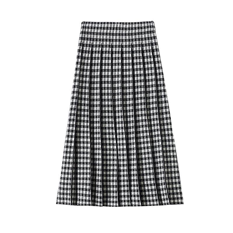 Women's High-Waisted Plaid Pleated Wool Midi Skirt - Fashionable, Slimming, A-Line Design