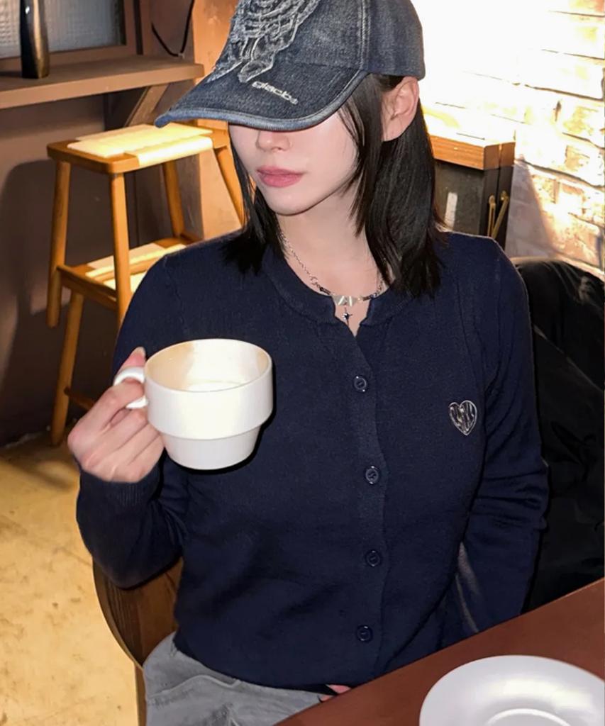 CHICKS Mvk Heart Stitch Mini V-Neck Knit Navy
