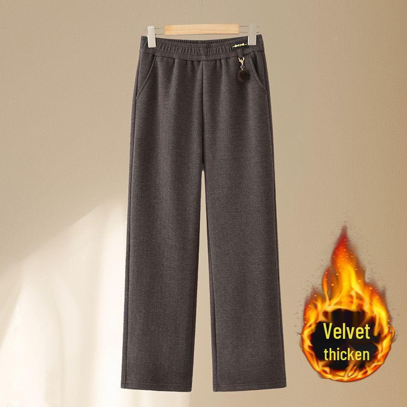 Fleece-Lined Elastic Waist High-Waist Casual Loose Fit Straight-Leg Pants for Middle-Aged and Elderly Women—Ideal for Autumn/Winter.