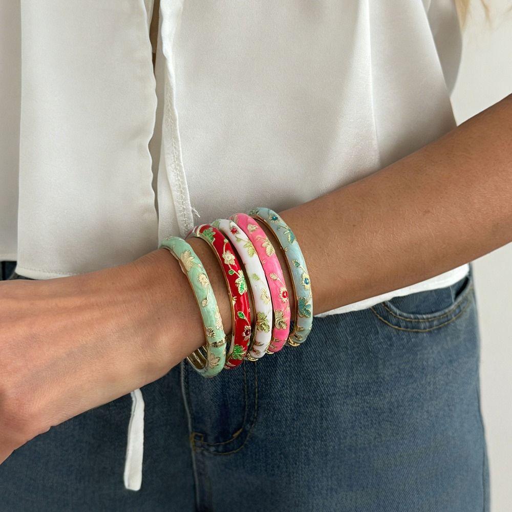 Traditional Enamel Flower Bangle Colorful Glazed Bangle Women's Hand Bracelet  Gold Jewelry
