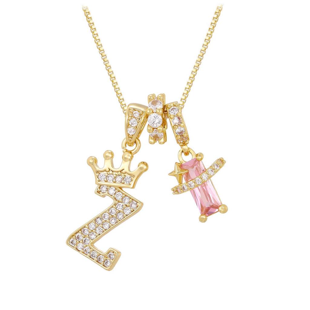 Copper Zirconia Letter Necklace with Gold-Plated Crown Pendant – Fashionable 26-Letter Accessory