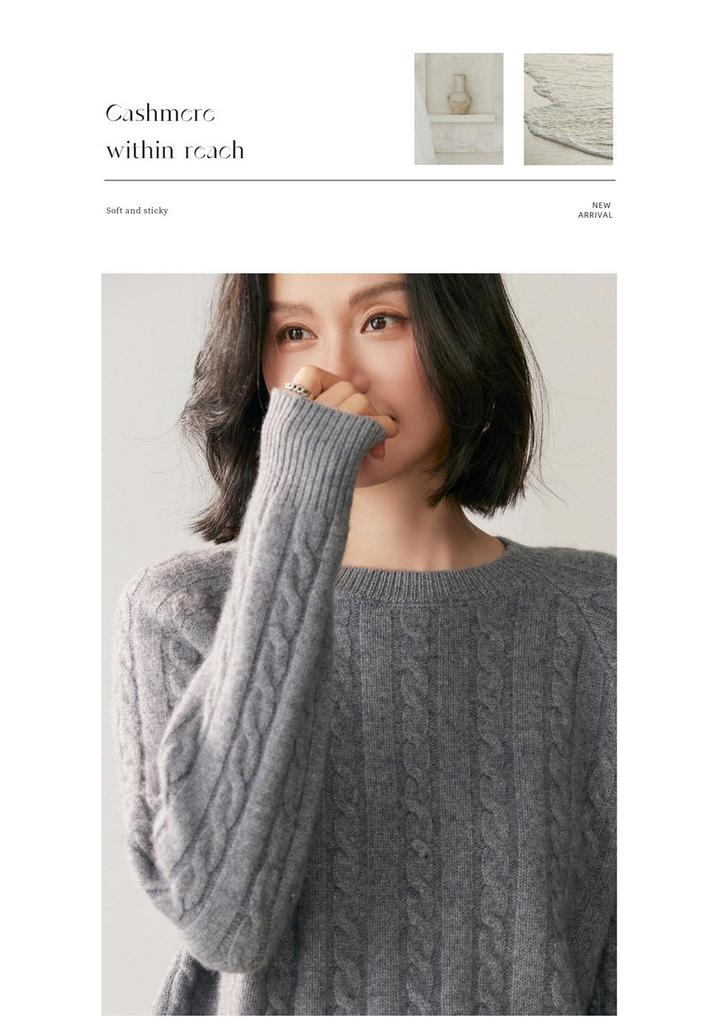 2025 Autumn/Winter Women's Loose Cashmere Cable Knit Sweater - Short, Round Neck, Casual Base Layer
