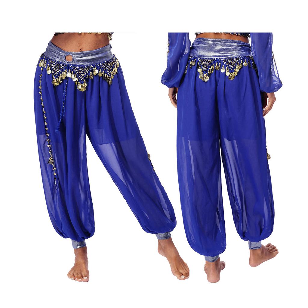 Women's Belly Dance Harem Pants Shiny Sequin Tassel Trouser Arabic Performance Loose Pants