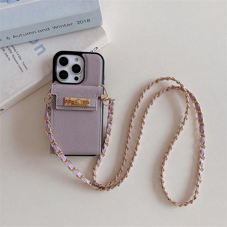 Applicable To Iphone15pro Lychee Pattern Mirror Card Bag Apple 14 Chain Crossbody 13pro Card Function Leather Case