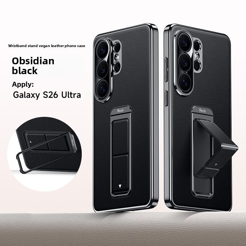 Luxury Business Leather Alloy Folding Stand Phone Case for Samsung S26 Ultra S25 S24 S23 Anti-fall Wrist Strap For Magsafe Cover