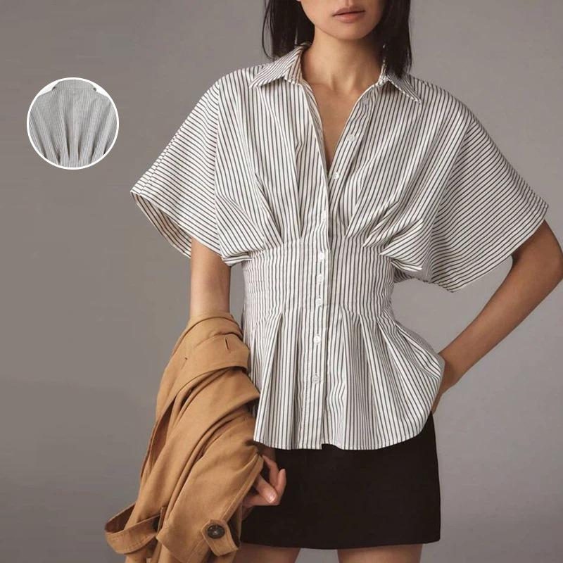 Summer New Women's Design Waist Shirt Casual Versatile Striped Pleated Slim Top