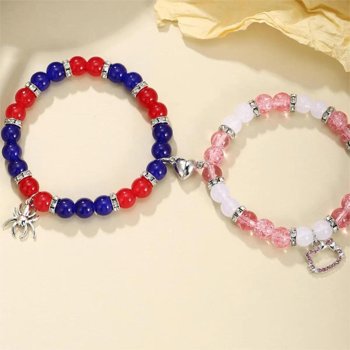 

2 шт. Подвески Паук и Кот Сердцевидные Магнитные Бусины Эластичные Парные Браслеты, Модные Ювелирные Изделия Bff, Подарки