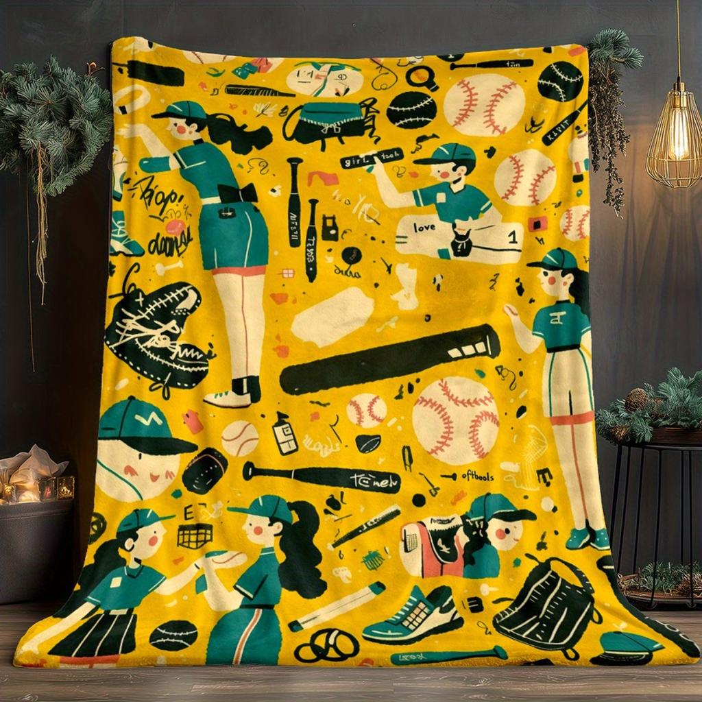 Bright baseball-themed flannel blanket - soft and warm, perfect for camping, sofas, beds, and chairs; a great holiday gift for