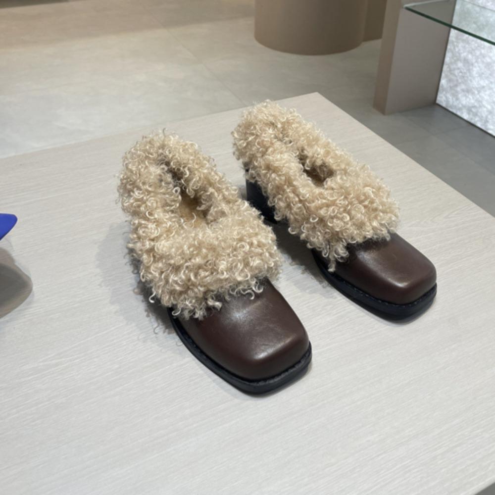 Pumps Women Shoes Square Toe Plush Shoes Womens Heels Retro Velvet Warm Mary Jane Leather Shoes Women's Loafers Cotton Shoe