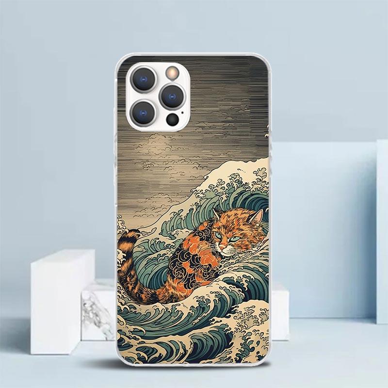 Anime Cat Sea Wave Aesthetic Phone Case For IPhone 16 17 Air 16E 15 14 Plus 13 Mini 12 11 Pro Max 7 8 + SE 2020 Soft TPU Back Co