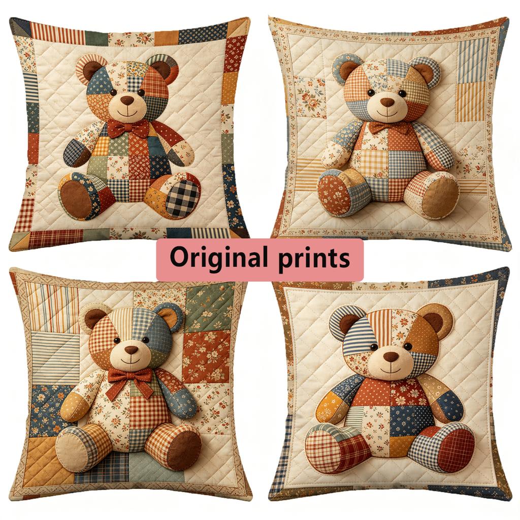 Vintage Patchwork Teddy Bear Throw Pillow Covers Pattern Cushion Cover Suitable For Sofa Bedroom Car Pillow Cover
