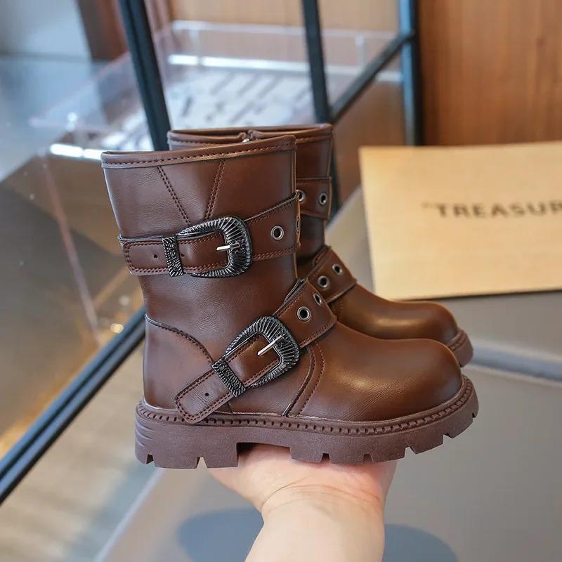 

Детские осенние ботинки, ретро-сапоги для девочек, до середины голени, с круглым носком, на толстой подошве, детские повседневные модные ботинки, универсальная матовая кожа 26 коричневый