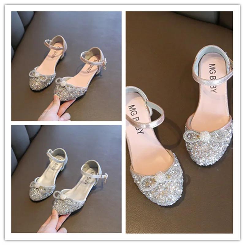 Girls High Heels for Kids Party Wedding Evening Dress Shoes Fashion Crystal Summer Princess Stockings Girl Sandals E02165