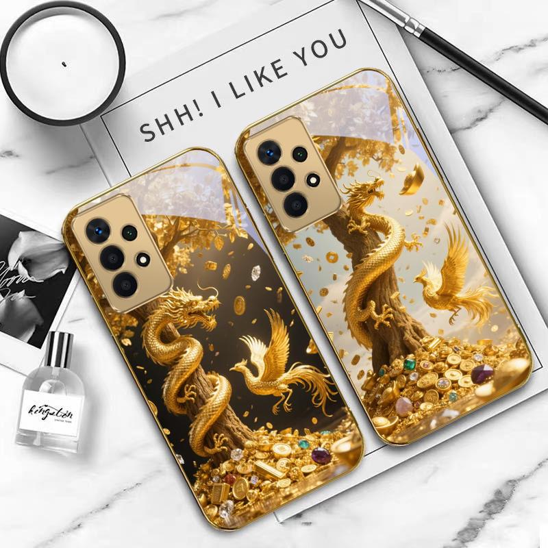 Goldener Drache sich windend Für Samsung A 01 52S A04 A05S A10 A12 A13 22 23 24 36 42 M02 Note 10 20Ultra 8 9 Goldene Glas-Handyhülle