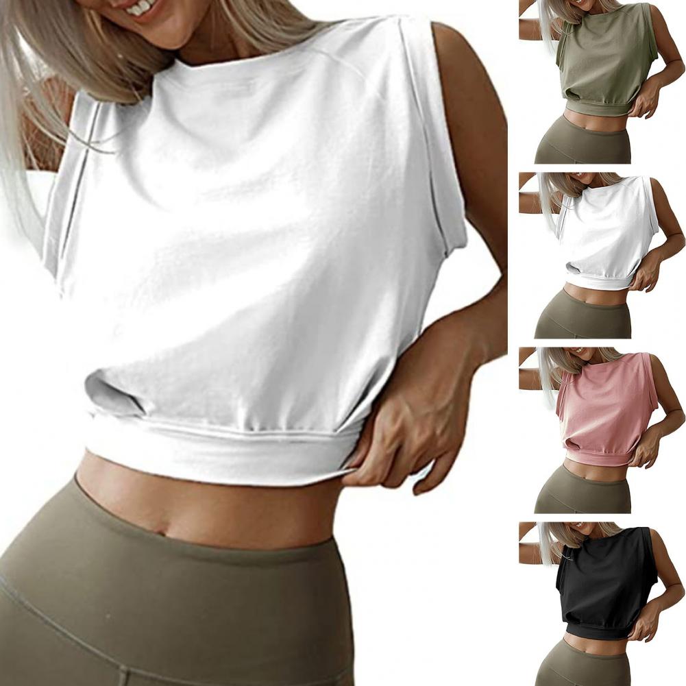 Women Summer Crop Top Sleeveless Round Neck Solid Color Vest Slim Fit Pullover Short Length Fitness Sports Female Clothing