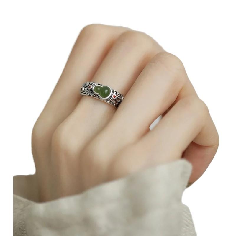 Jasper Auspicious Cloud Gourd Ring Female Niche Retro National Style Palace Opening Inlaid with New Chinese Style