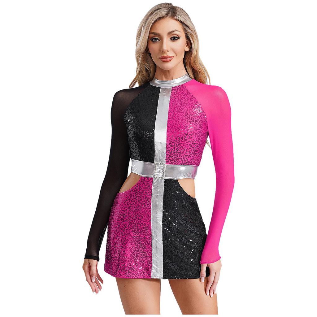 Women‘s 1960s Glitter Sequin Dress Long Sleeve Hollow Out Color Block Mini Sparkle Party Costume for Swinging Night Out