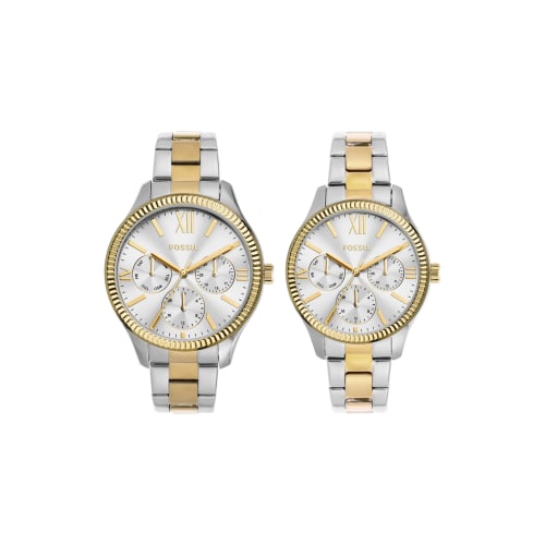 Men's and Women's Multifunction Two-Tone Stainless Steel Watch Set