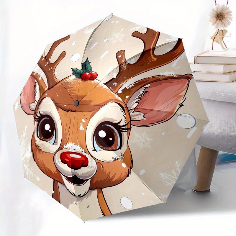 Reindeer, Winter Wonderland Theme 8 Bone Hand Automatic Folding Umbrella, Compact and Portable Design, A Perfect Gift for Birthday, Christma