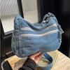 Vintage Denim Women Shoulder Bag Large Capacity Multi Pocket Crossbody Messenger Bag With Adjustable Strap