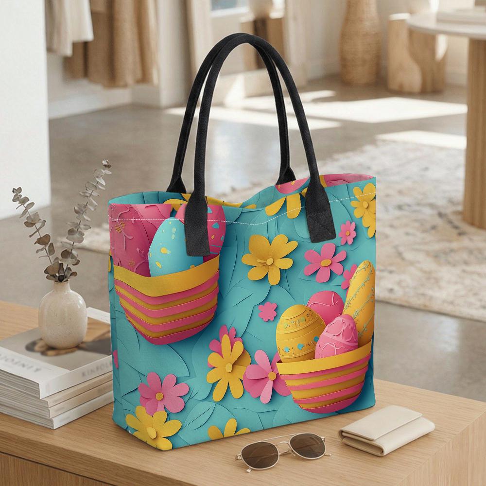  Easter Egg Pattern Tote Bag Large Capacity Daily Shoulder Handbag for Women