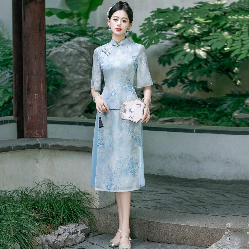 Blue Aodai national style new Chinese Suzhou cheongsam improved young 1011 new women's high-end dress summer