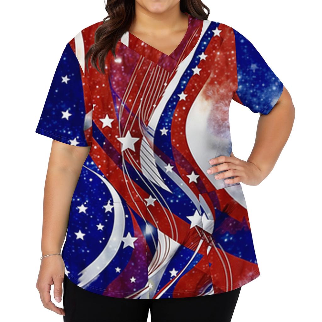 Women's Fashionable Casual Independence Day American Flag And Stars Print V-neck Short-Sleeved Work Shirt With Double Side Slits And Pockets