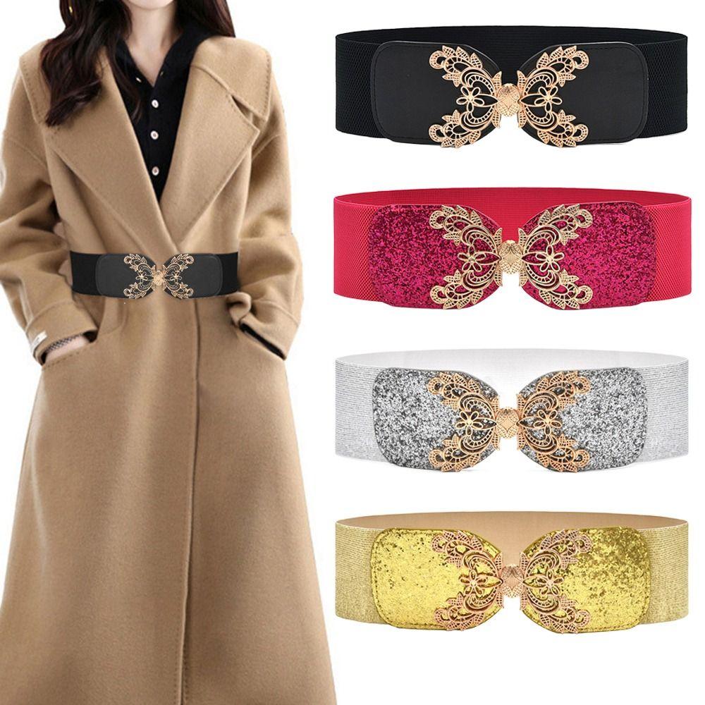 Fashion Metal Buckle Women Elastic Band Waist Defining Solid Color Elastic Wide Belts Comfortable Dress Belt Jeans