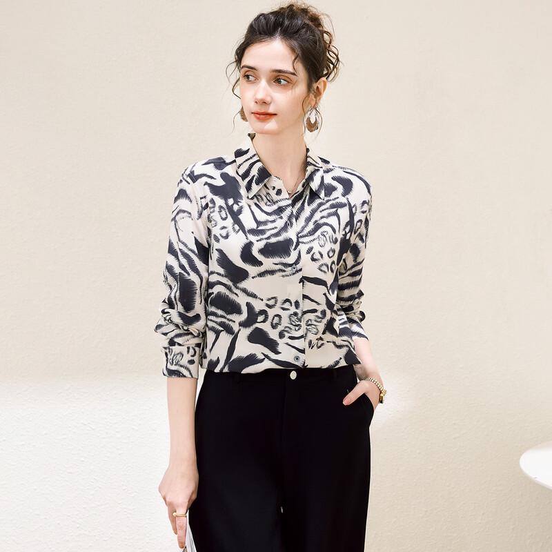TUHUANG Women s 100% Mulberry Silk Tiger Print Long Sleeve Lapel Shirt XL