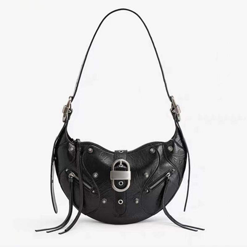

Metal Studded Oil Wax Leather Cow Horn Crossbody Shoulder Bag,Motorcycle Style Rivet Women Sling Bag,Punk Stylish Everyday Purse