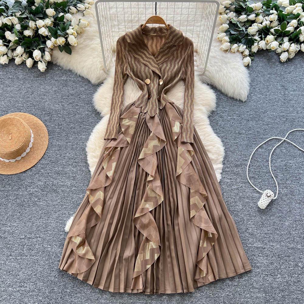 European and American high-end foreign style suit collar long-sleeved double-breasted waist splicing ruffle edge pleated long dress