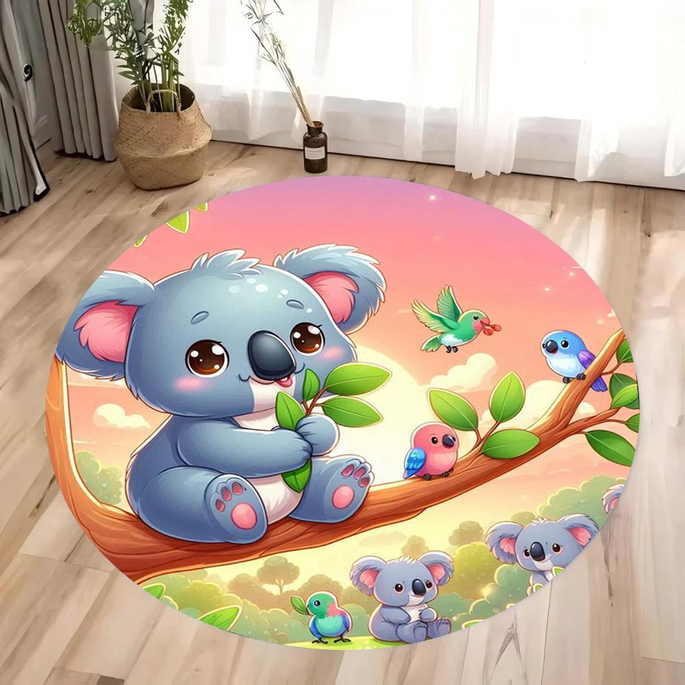 1pc Grey Koala Circular Printed Carpet on Pink Cherry Blossom Branches Children's Room Decoration Anti Slip Floor Mat