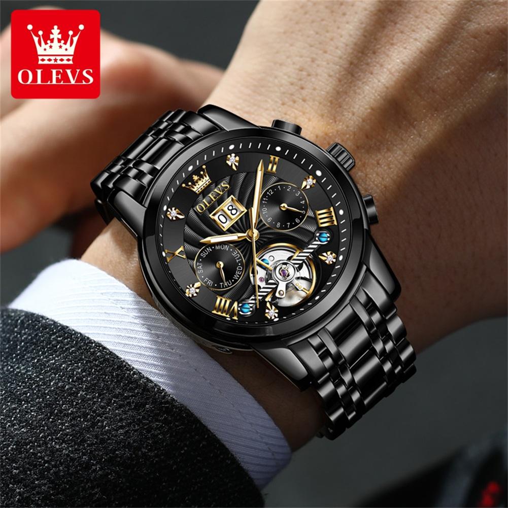 OLEVS 9910 Skeleton Flywheel Automatic Mechanical Wristwatch for Men Stainless Steel Waterproof Luminous Calendar Business Watch